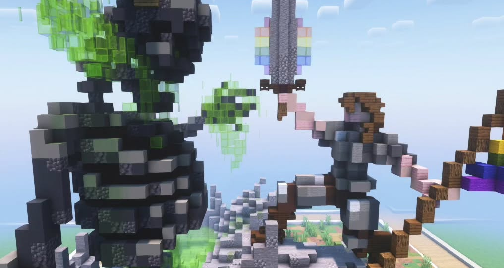 Minecraft-bild på 3D pixelart där en figur med svärd möter ett stort skelett