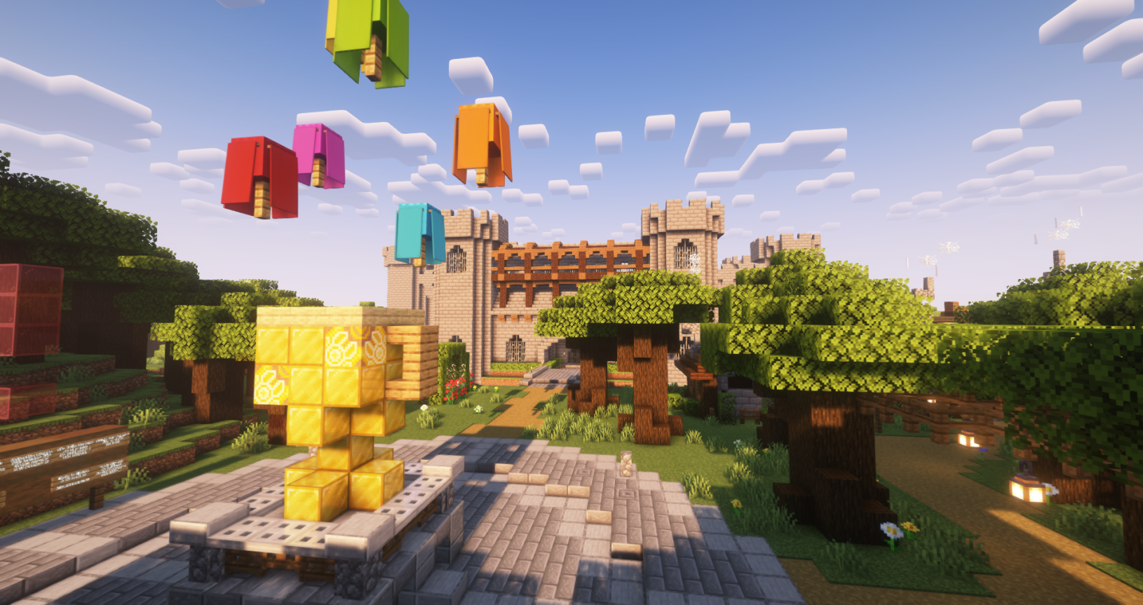 Minecraft-bild på lobbyarea med ett monument och ett slott i skogslandskap