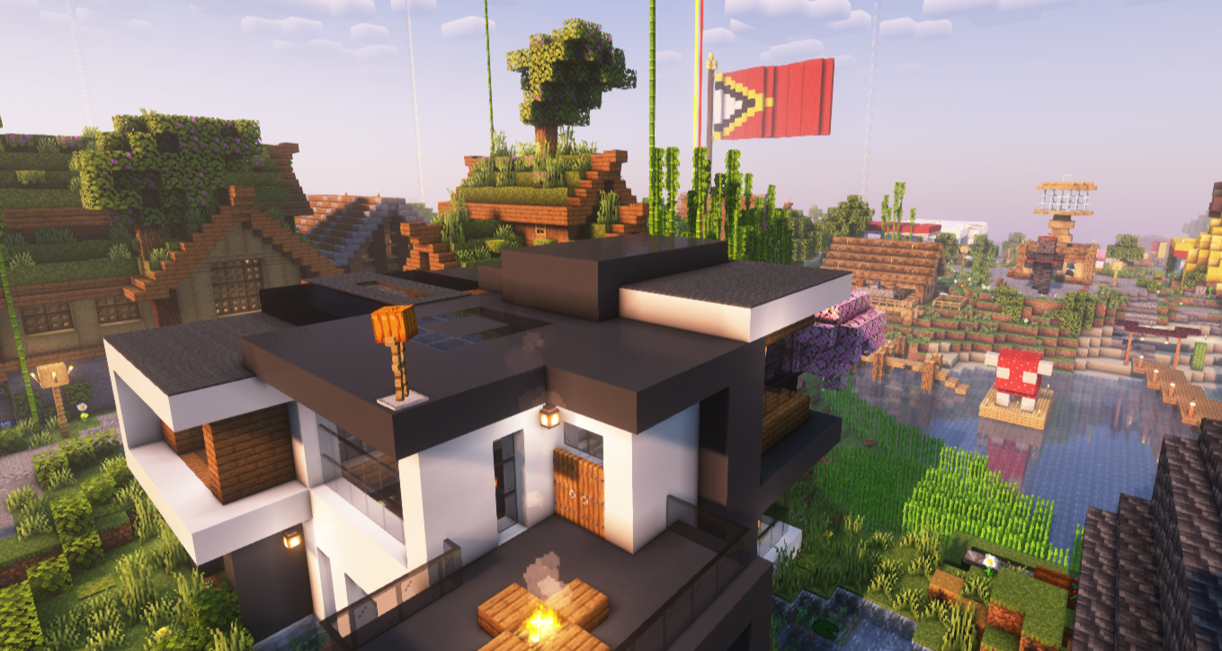 Minecraft-bild på ett modernt hus och en stor flagga i bakgrunden